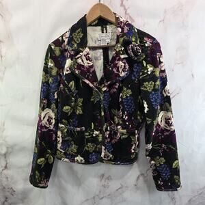 Vintage Y2K Jacket Womens Medium Green Pink Floral Corduroy Dark Forest Emerald